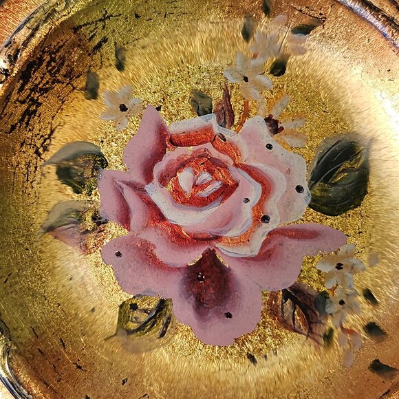 Antique Goofus Glass Dish With Rose Hand Painted Motif Reverse Painted Gold - Picture 2 of 8